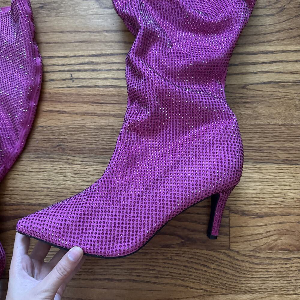 Torrid 9,5WW Wide Sexy Hot Pink Rhinestone Studded Slouchy 3.5" Heel Knee Boots - Picture 6 of 13